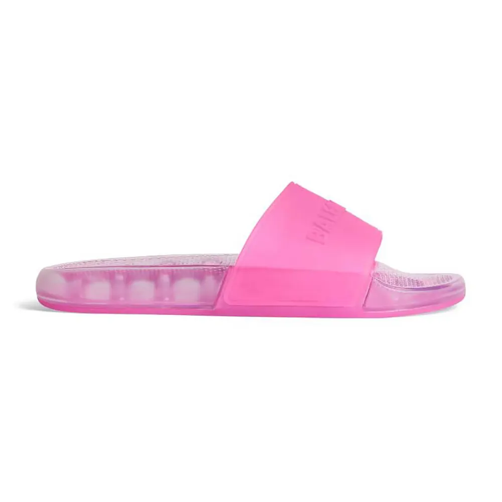 Side view of Balenciaga Unisex Pool Transparent Slide Sandal in pink rubber