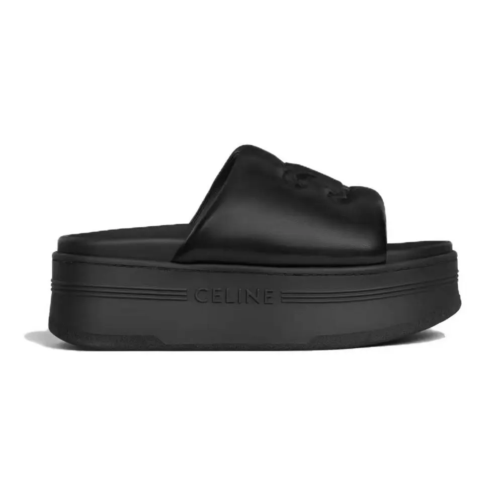 Side view of Celine Women Block Slide with Triomphe in Lambskin-Black