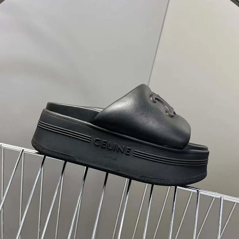 Top angle showing black lambskin and block heel on Celine Women Block Slide