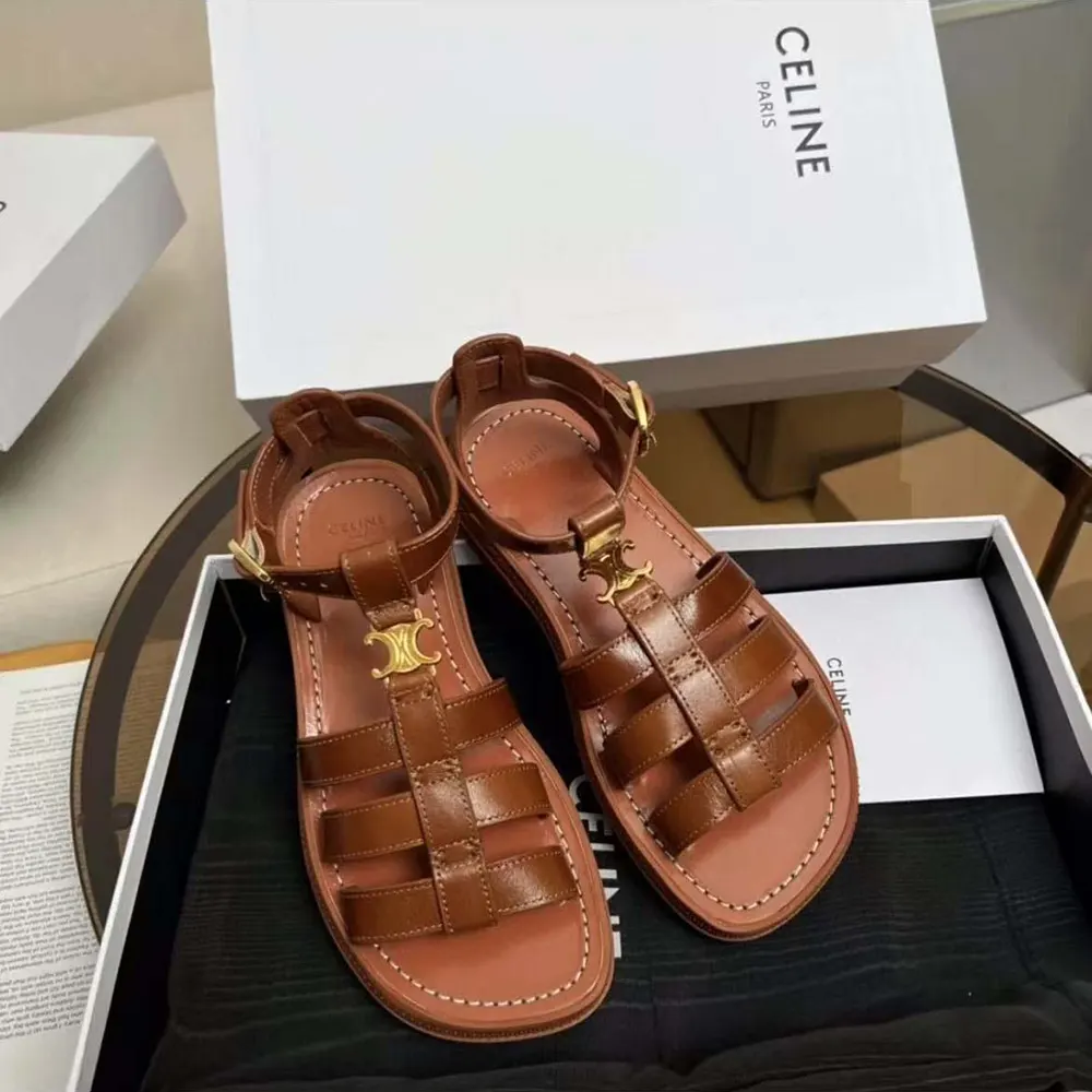 Close-up of the Triomphe emblem hardware on Celine Gladiator Sandal