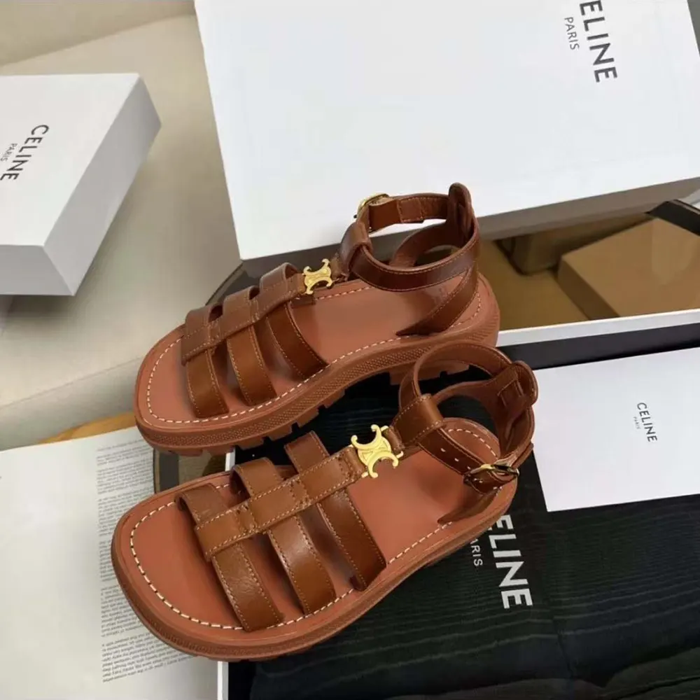 Overhead view showing adjustable buckle and calfskin texture on Celine Clea sandal