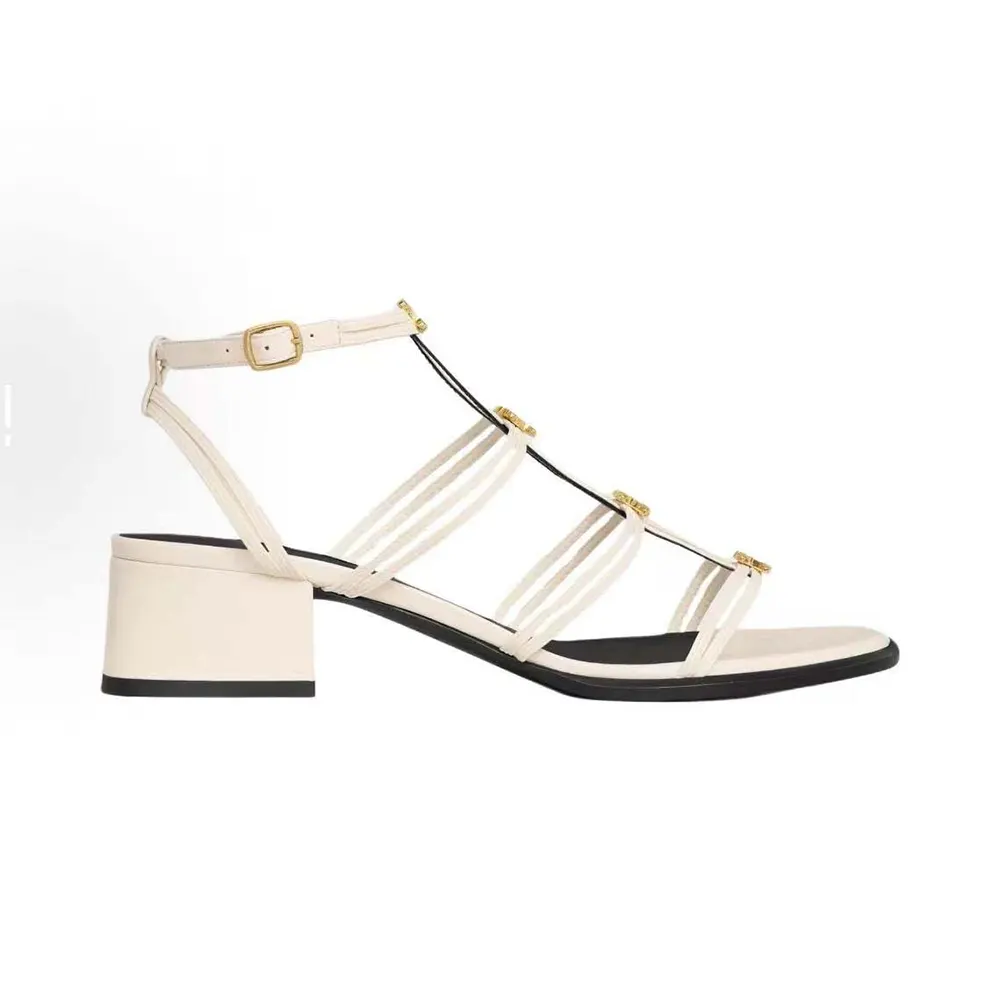 Side view of Celine Women Clemence Multi Triomphe Sandal in white lambskin
