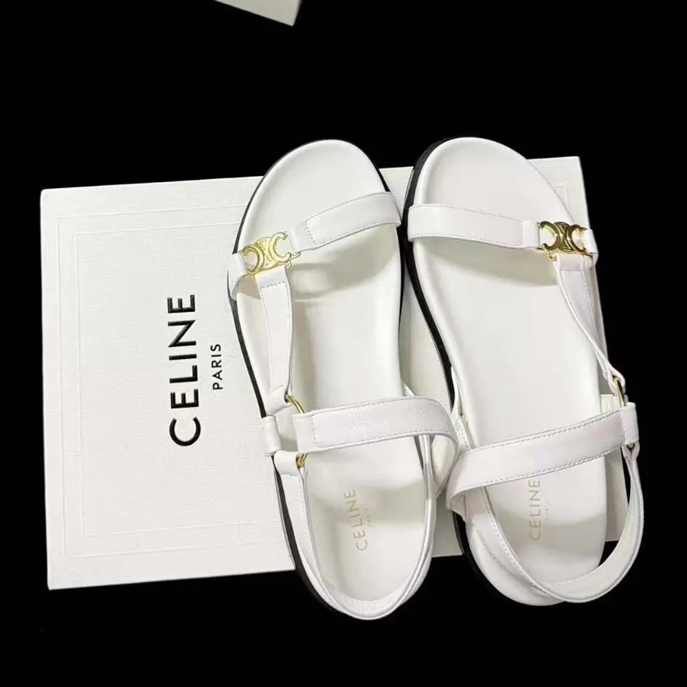 Top view showing white calfskin and open-toe design on Celine Maud Sandal