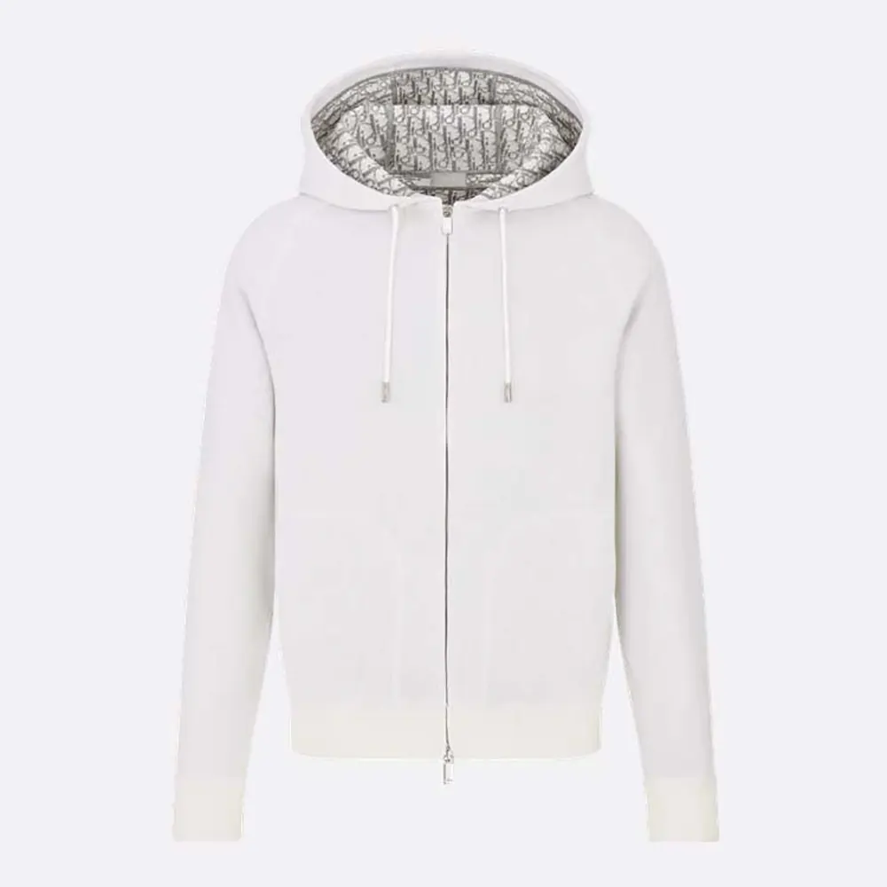 Front view of Dior Men Hooded Track Jacket White Cotton Knit and Cashmere