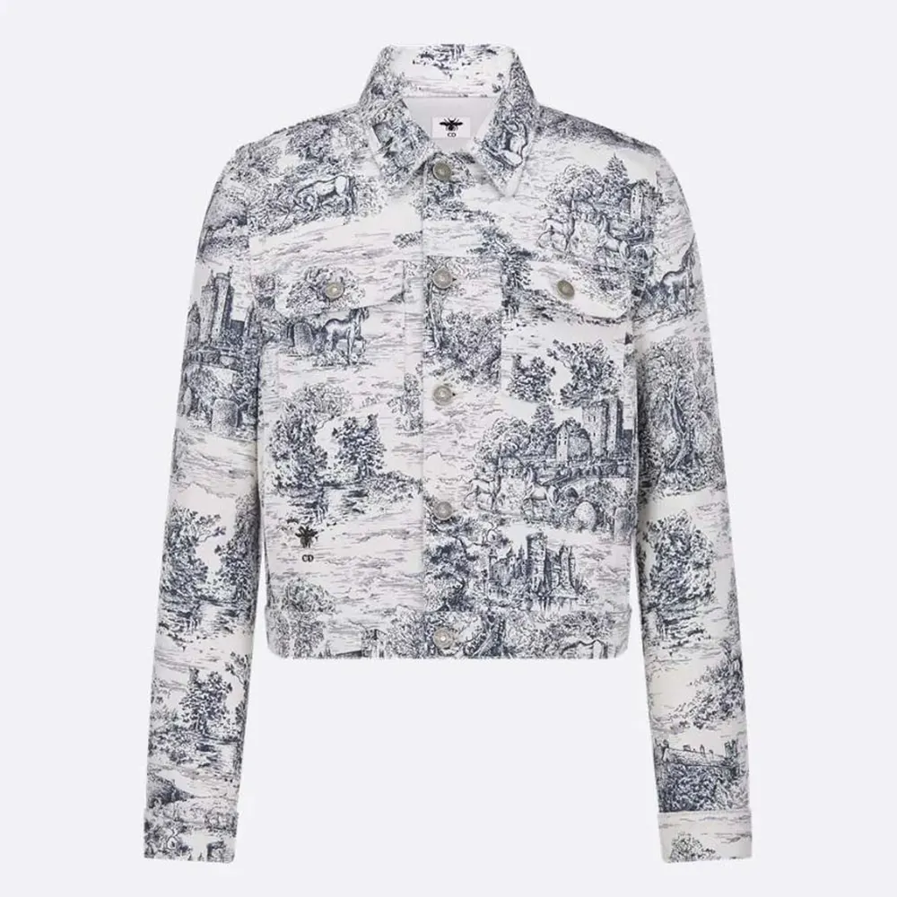 Front view of Dior Men Jacket White Cotton Denim with blue Toile de Jouy motif