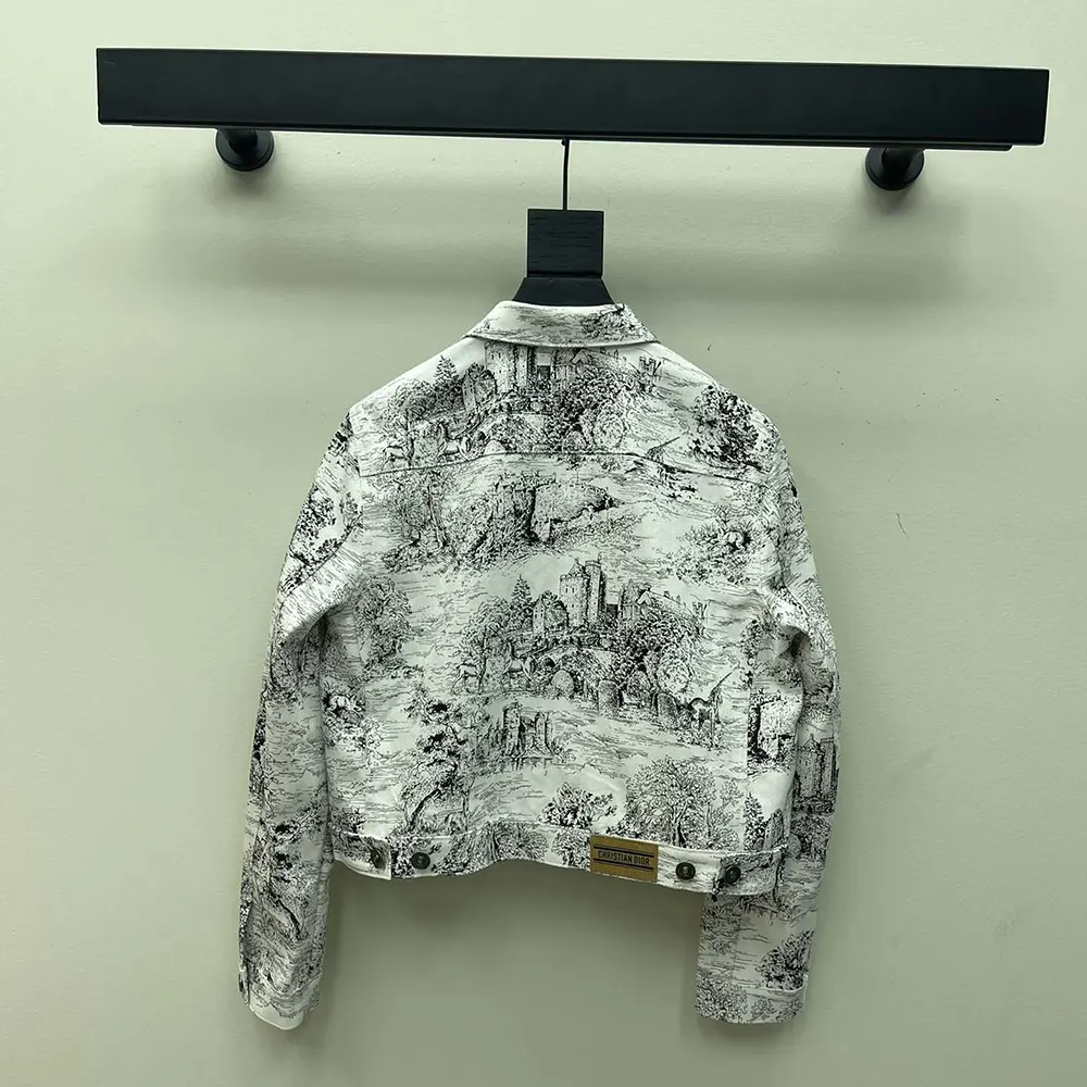 Side angle showing silhouette of Dior Men Jacket White Cotton Denim with Toile de Jouy print