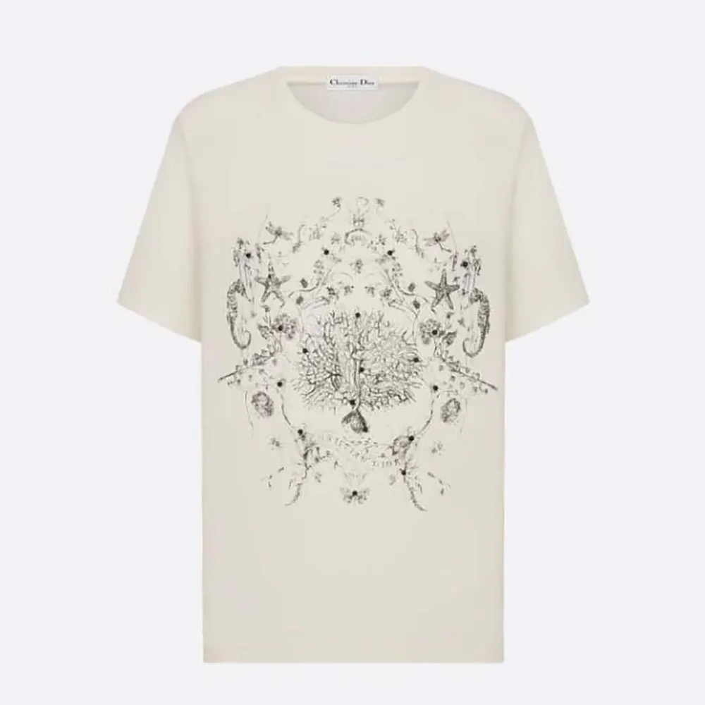 Front view of Dior Women T-Shirt White Cotton and Linen Jersey with black motif
