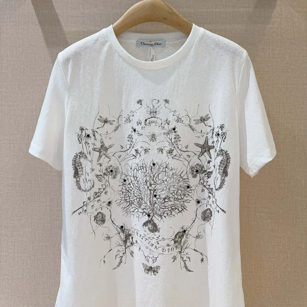 Dior Women T-Shirt White Cotton and Linen Jersey with Black Dior Cabinet de Curiosités Motif - image 5