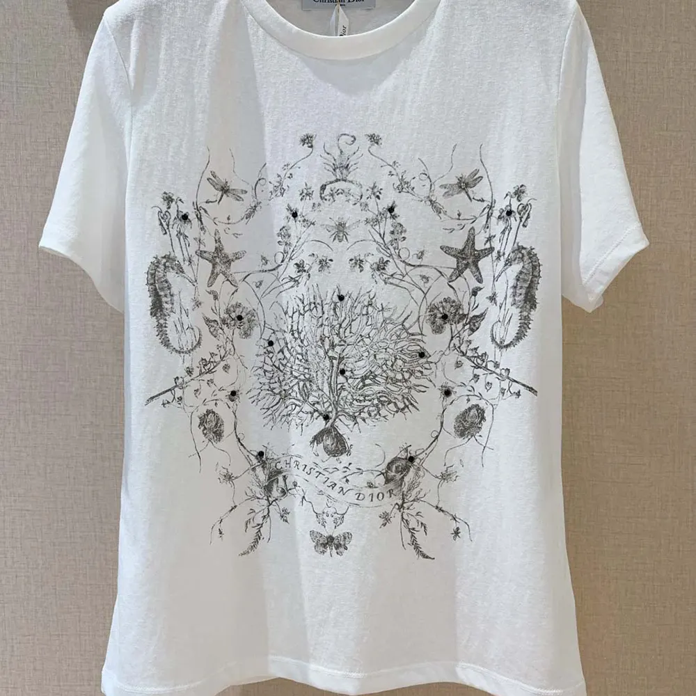 Dior Women T-Shirt White Cotton and Linen Jersey with Black Dior Cabinet de Curiosités Motif - image 7