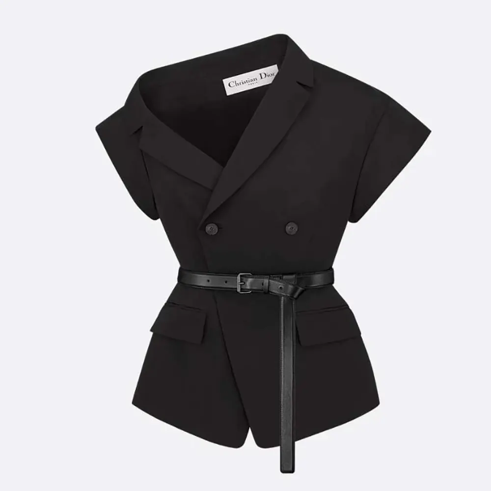Front view of Dior Women Asymmetric Short-Sleeved Jacket with Belt in black