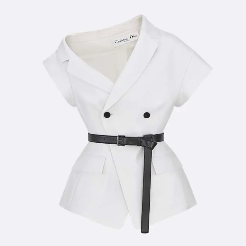 Front view of Dior Women Asymmetric Short-Sleeved Jacket with Belt