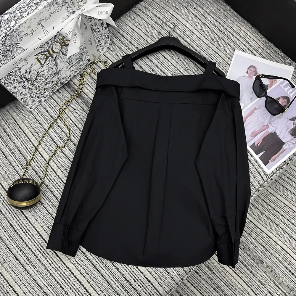 Side angle showing relaxed fit of Dior Women Blouse Black Cotton Poplin