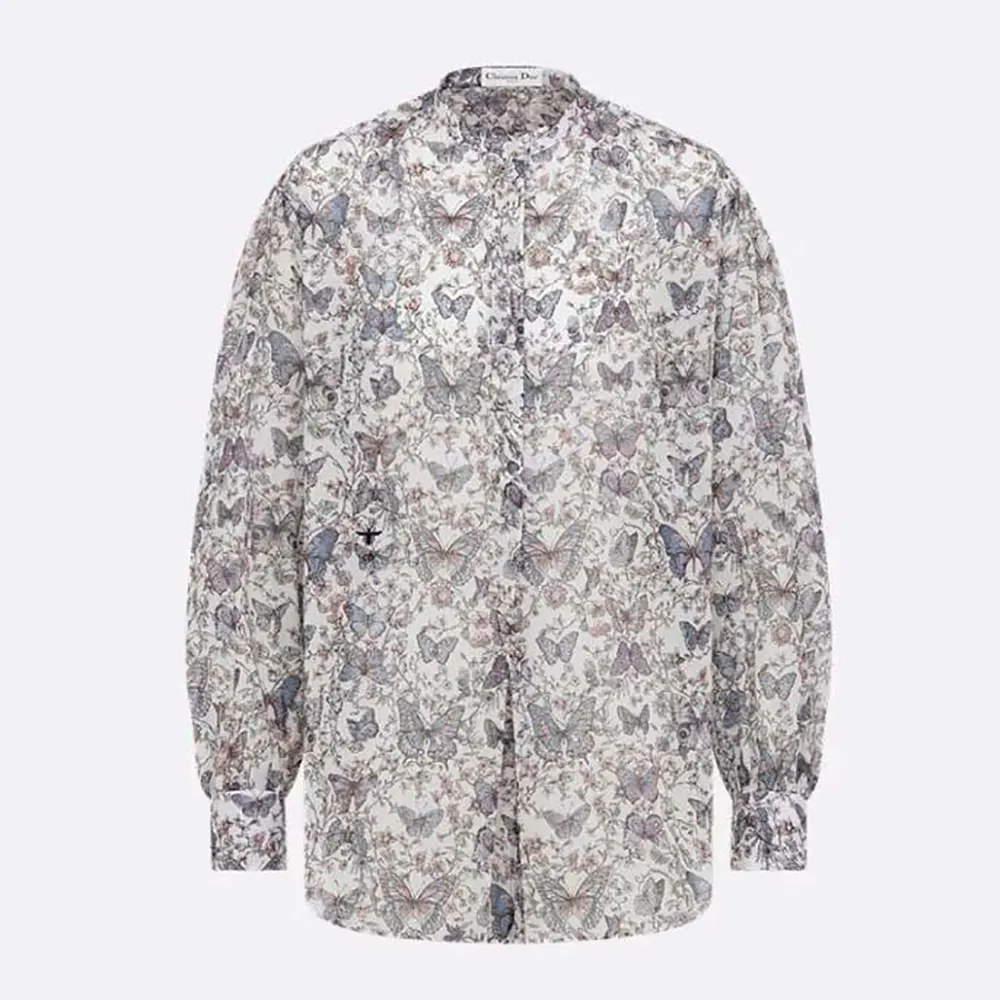 Front view of Dior Women Blouse White Cotton Muslin with multicolor butterfly motif