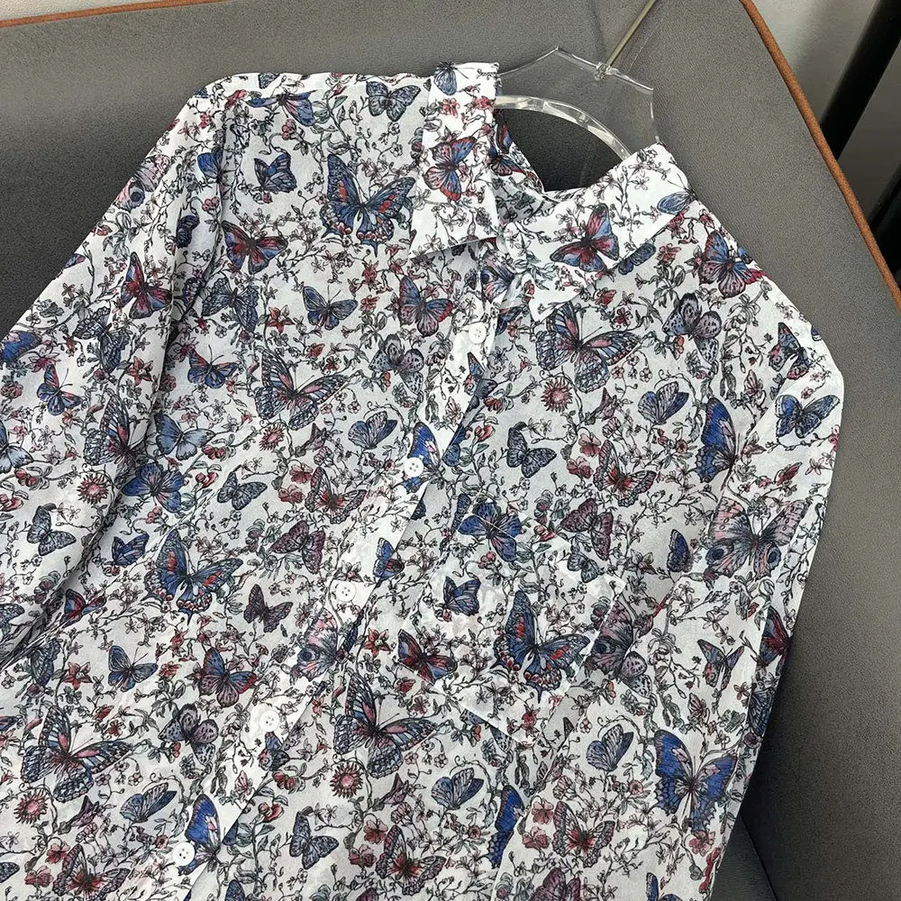 Dior Women Blouse White Cotton Muslin with Multicolor Toile de Jouy Papillon Motif - image 4