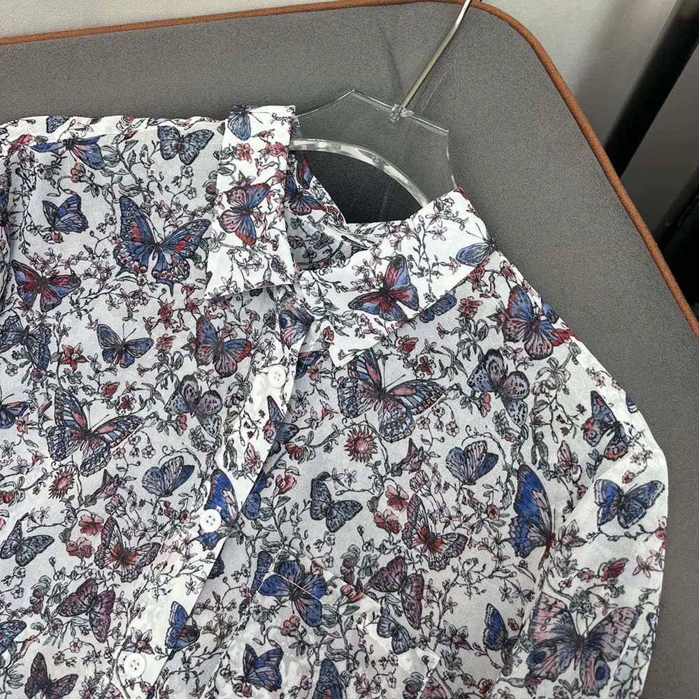 Dior Women Blouse White Cotton Muslin with Multicolor Toile de Jouy Papillon Motif - image 5