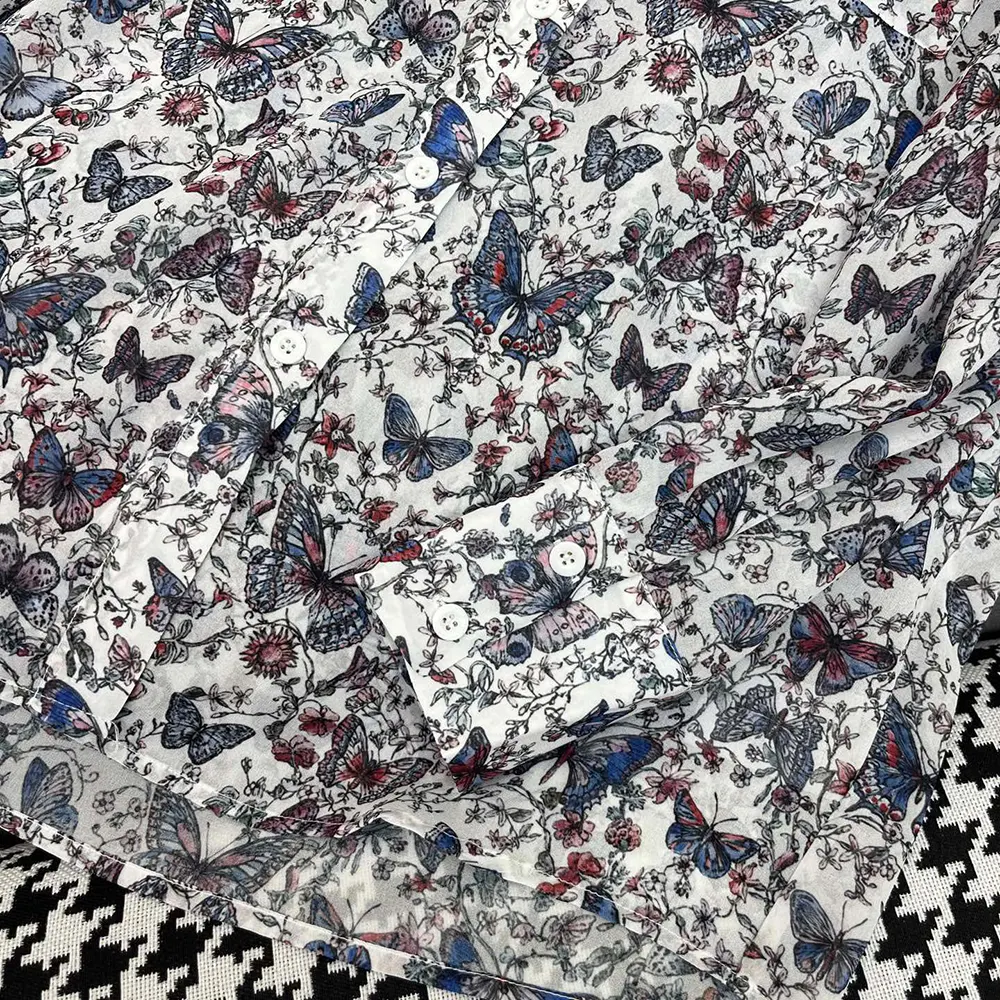 Dior Women Blouse White Cotton Muslin with Multicolor Toile de Jouy Papillon Motif - image 7