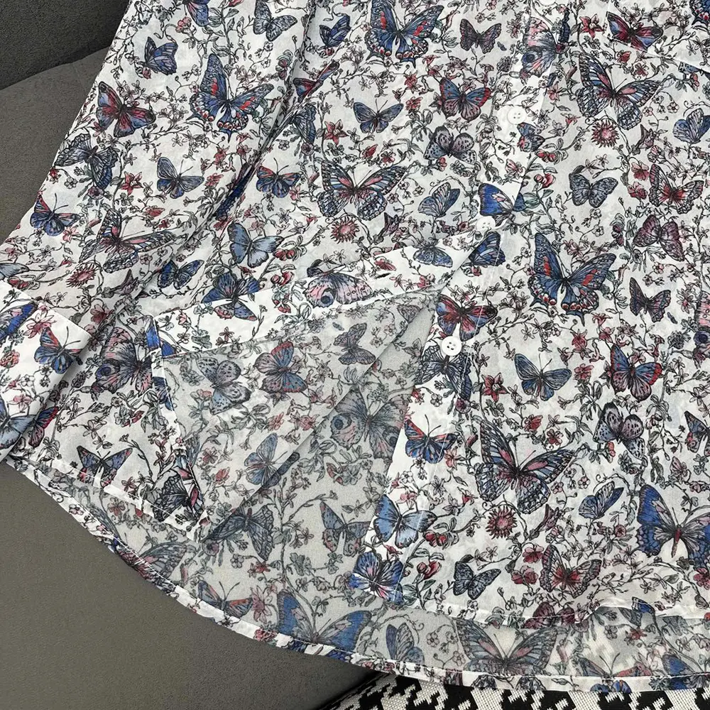 Dior Women Blouse White Cotton Muslin with Multicolor Toile de Jouy Papillon Motif - image 6