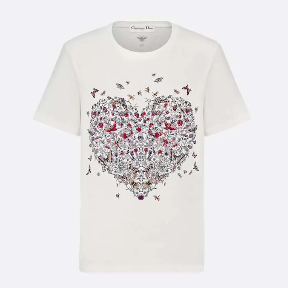Front view of Dior Women Dioramour Embroidered T-Shirt white cotton linen