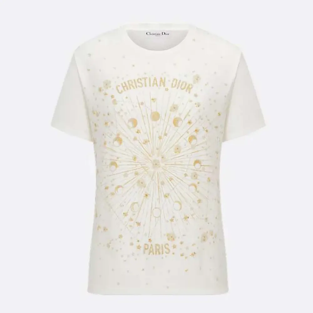 Front view of Dior Women Embroidered T-Shirt with gold-tone motif