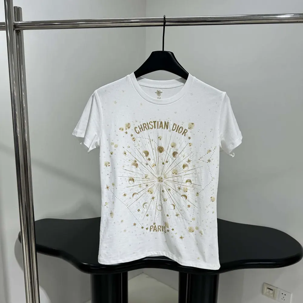 Dior Women Embroidered T-Shirt White Cotton Jersey with Gold-Tone Dior Astral Motif - image 5