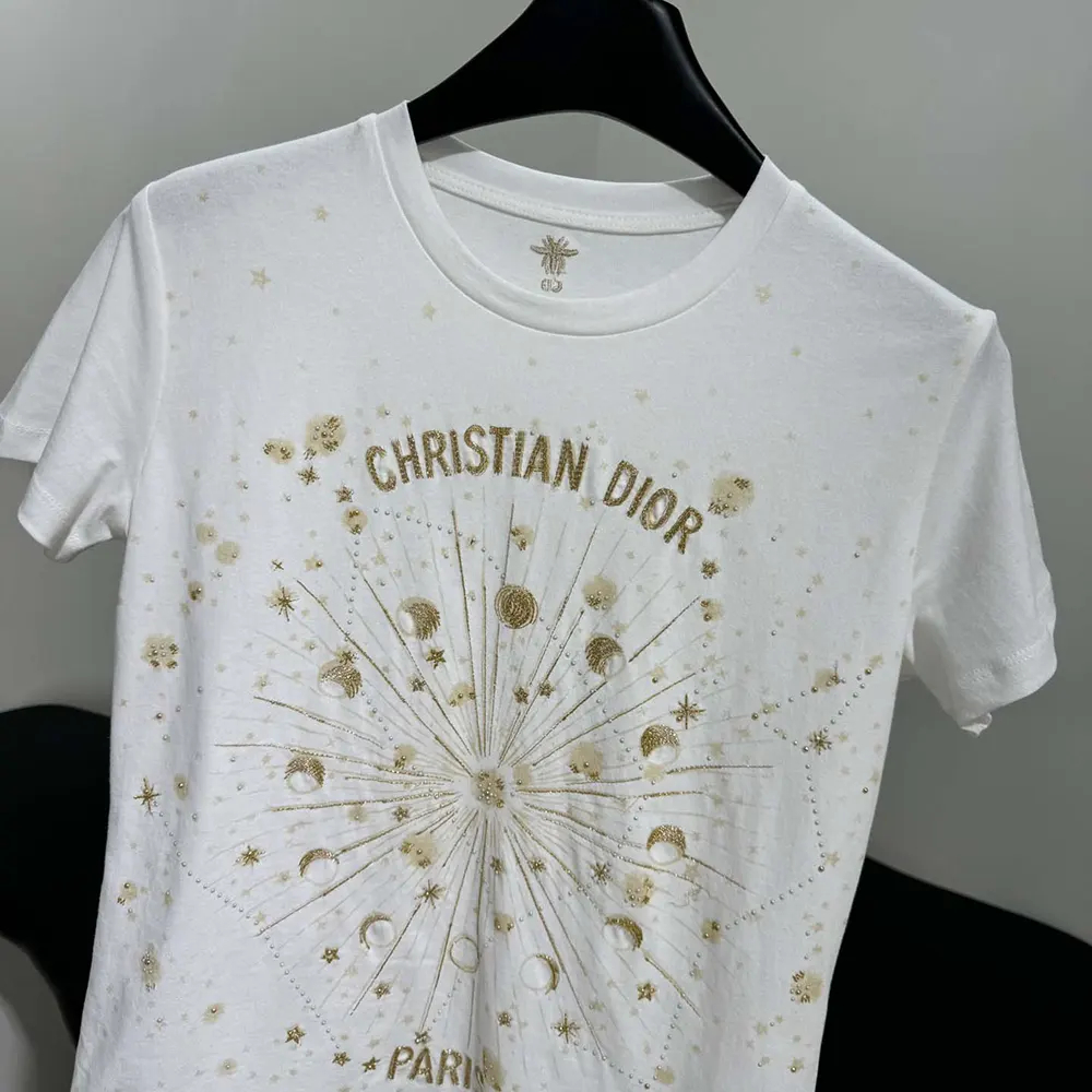 Dior Women Embroidered T-Shirt White Cotton Jersey with Gold-Tone Dior Astral Motif - image 7