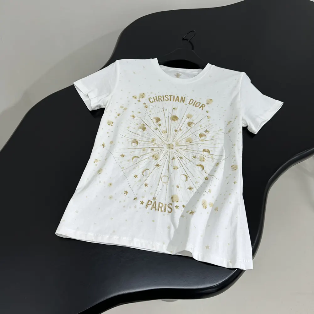 Side profile of Dior Women Embroidered T-Shirt highlighting relaxed fit