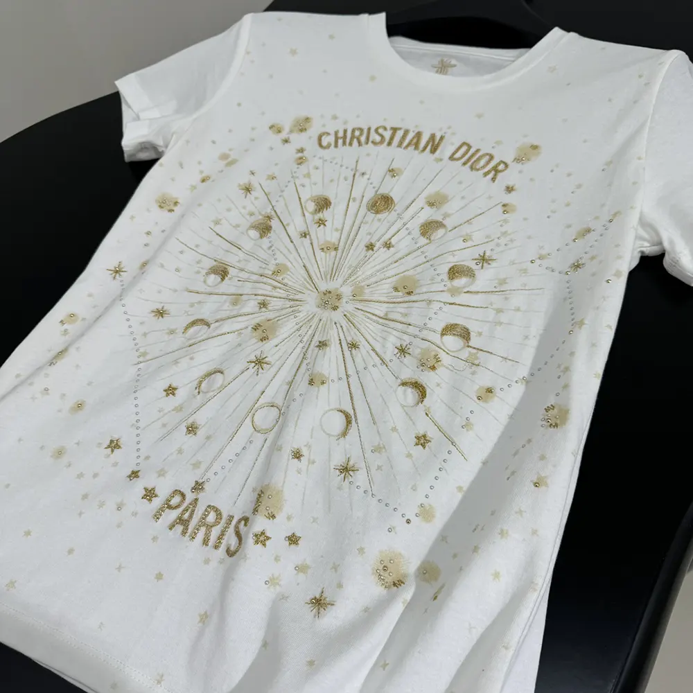 Dior Women Embroidered T-Shirt White Cotton Jersey with Gold-Tone Dior Astral Motif - image 8