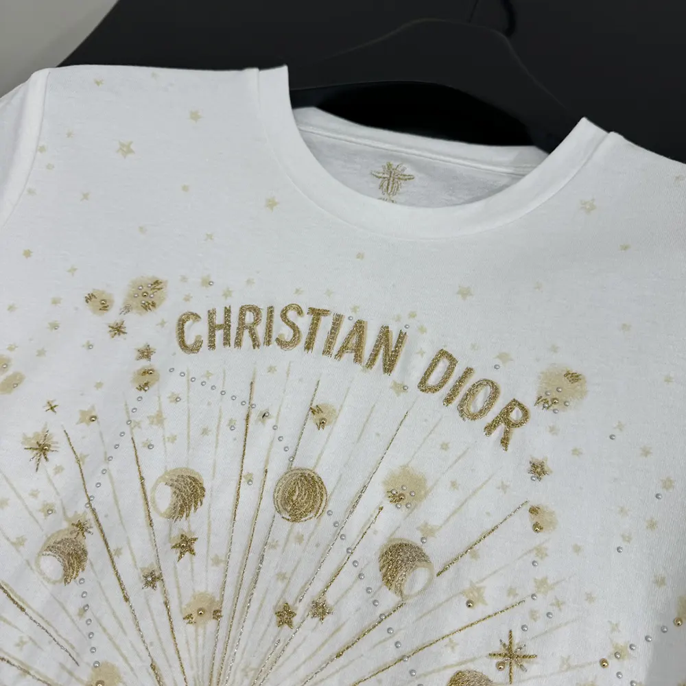Dior Women Embroidered T-Shirt White Cotton Jersey with Gold-Tone Dior Astral Motif - image 9