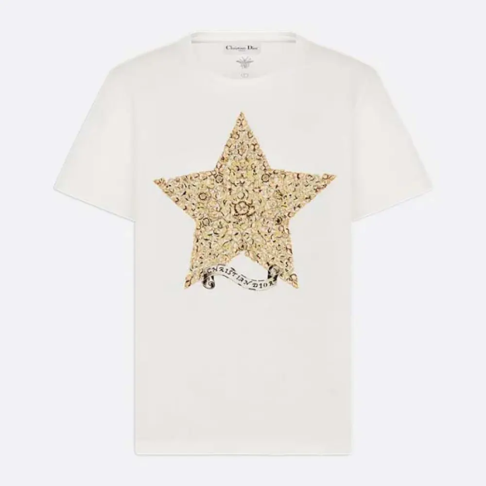Front view of Dior Women Embroidered T-Shirt White Cotton and Linen Jersey