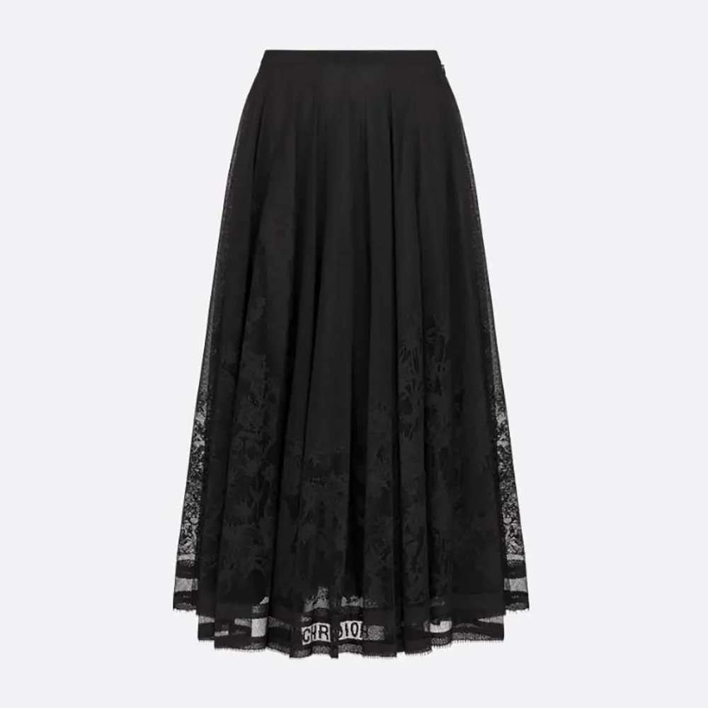 Front view of Dior Women Flared Mid-Length Skirt Black Dior Chardons Lace