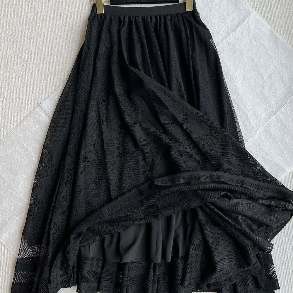Dior Women Flared Mid-Length Skirt Black Dior Chardons Cotton-Blend Lace - image 4