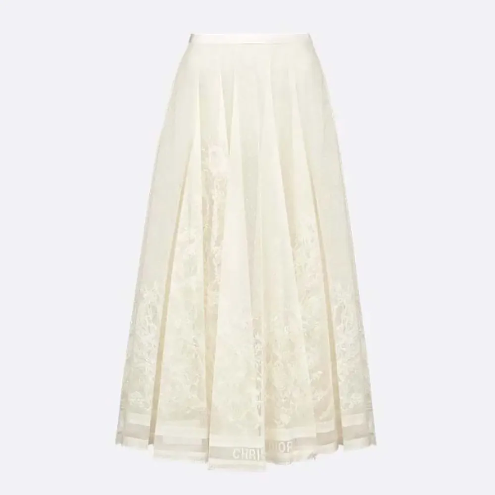 Front view of Dior Women Flared Mid-Length Skirt Ecru Dior Chardons Cotton-Blend Lace