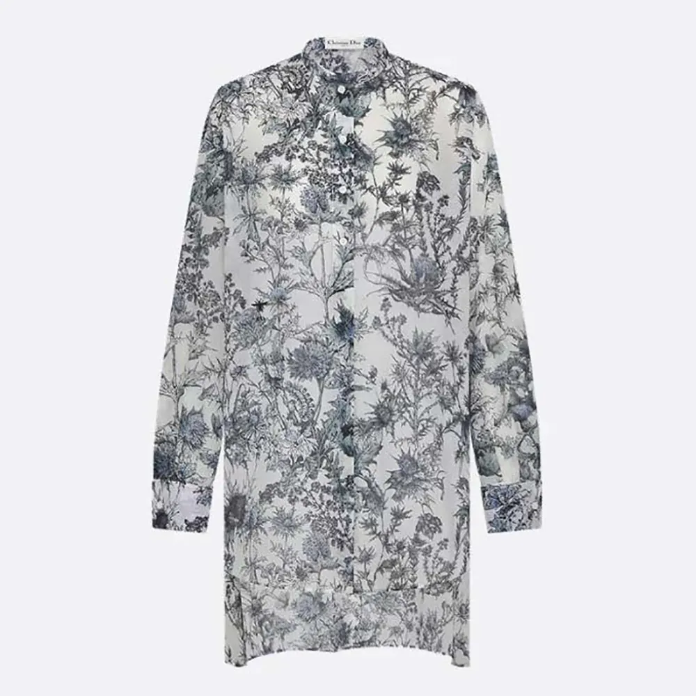 Front view of Dior Women Long Blouse White Cotton Muslin with Blue Dior Chardons Motif