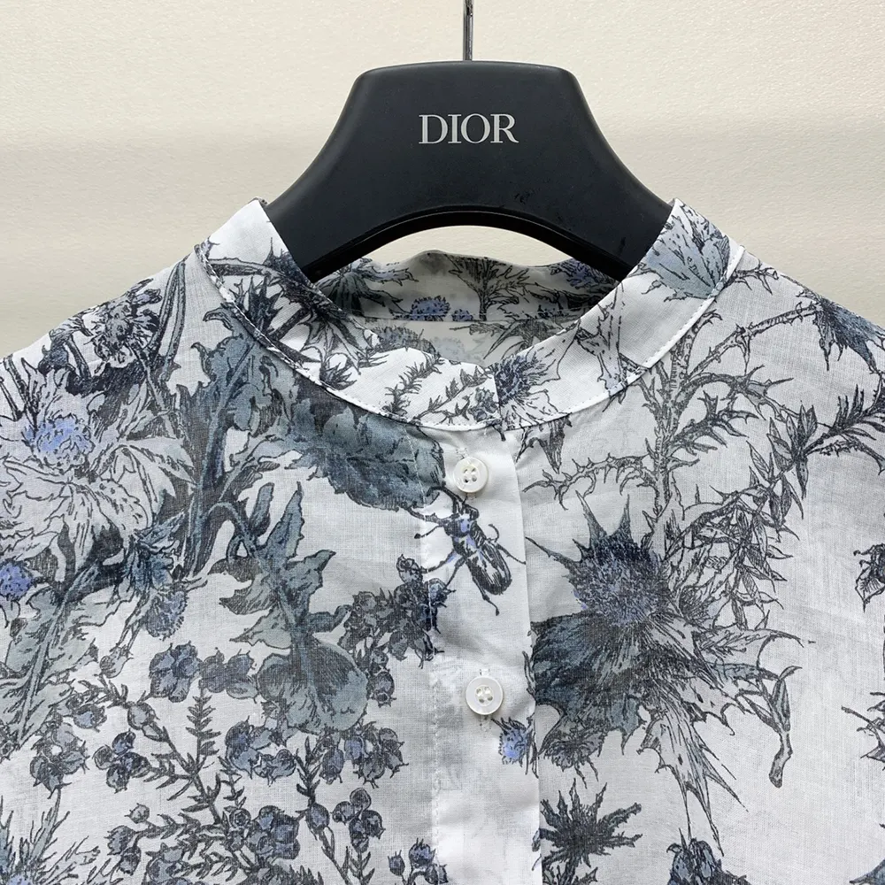 Dior Women Long Blouse White Cotton Muslin with Blue Dior Chardons Motif - image 5