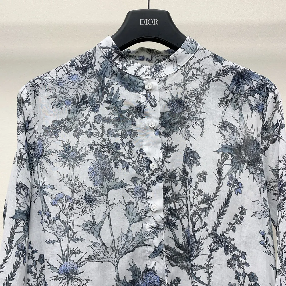 Dior Women Long Blouse White Cotton Muslin with Blue Dior Chardons Motif - image 4