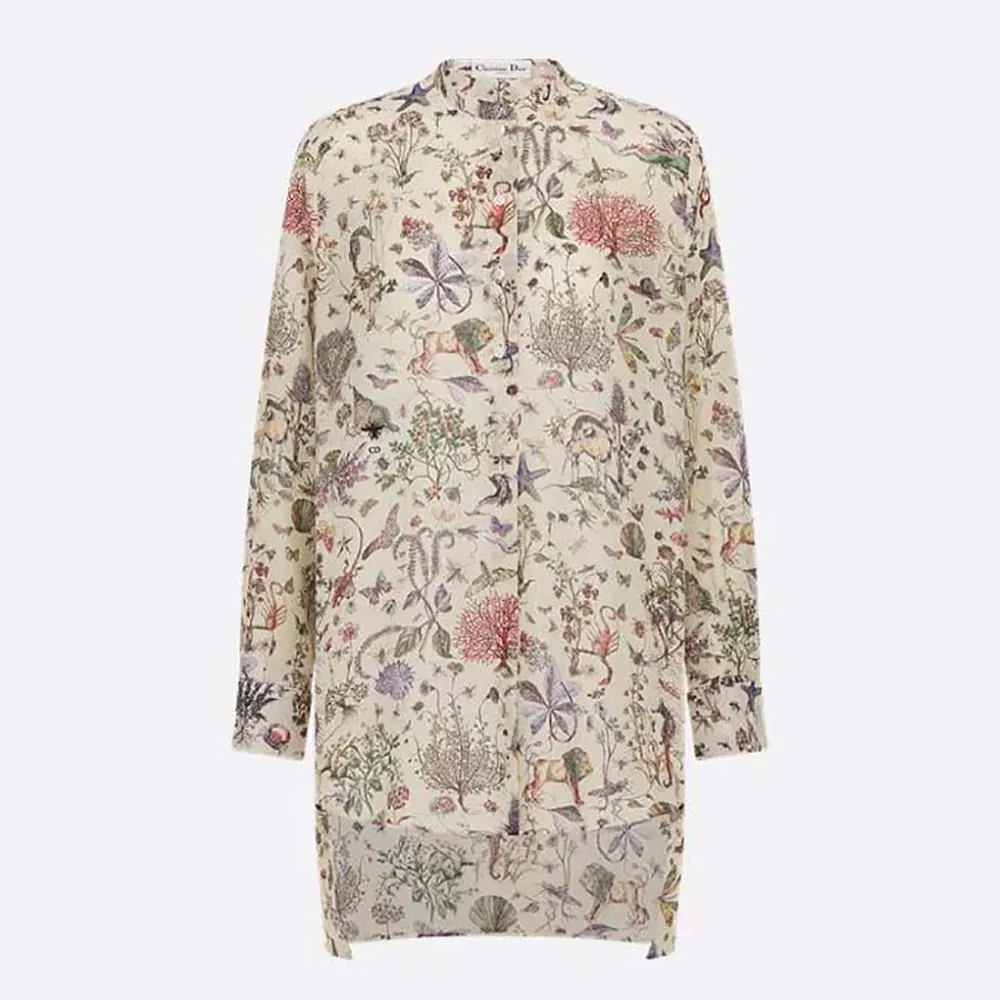 Front view of Dior Women Long Blouse White Cotton Muslin with multicolor motif