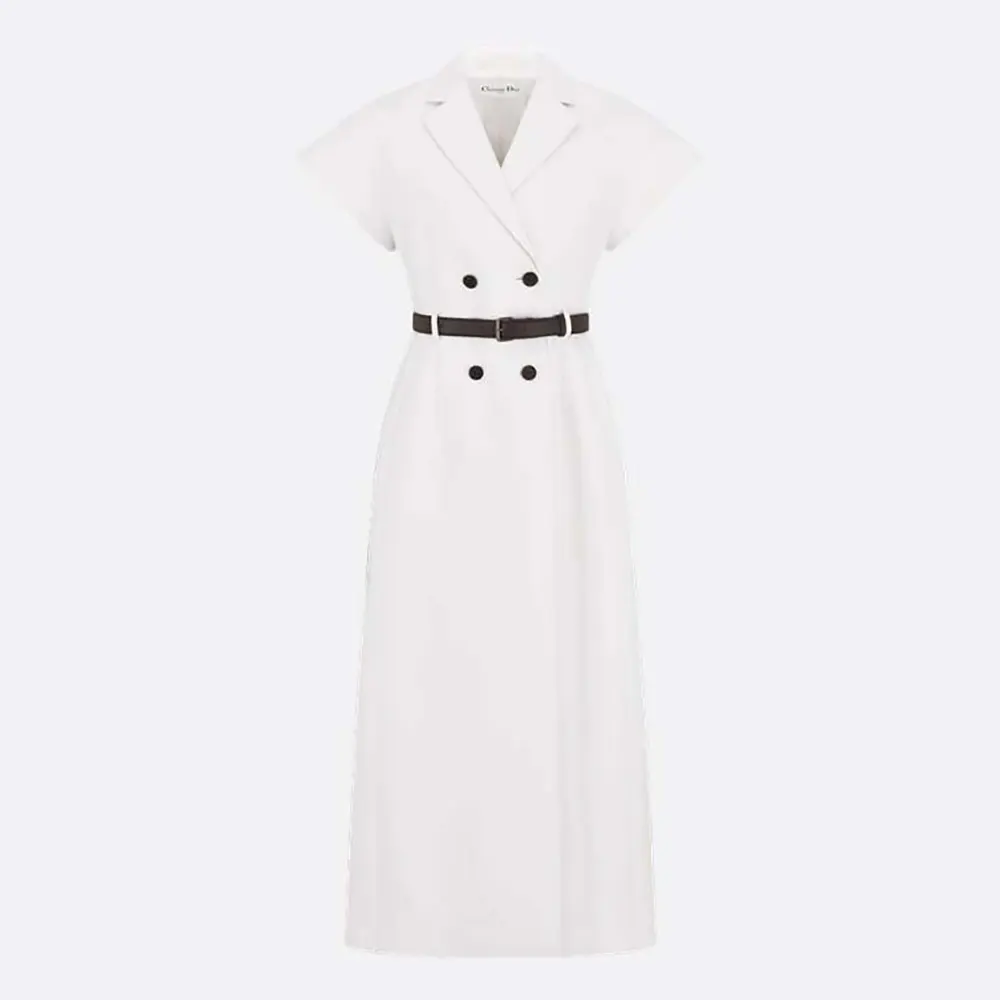 Dior Women Mid-Length Belted Dress Ecru Virgin Wool and Silk Grain de Poudre