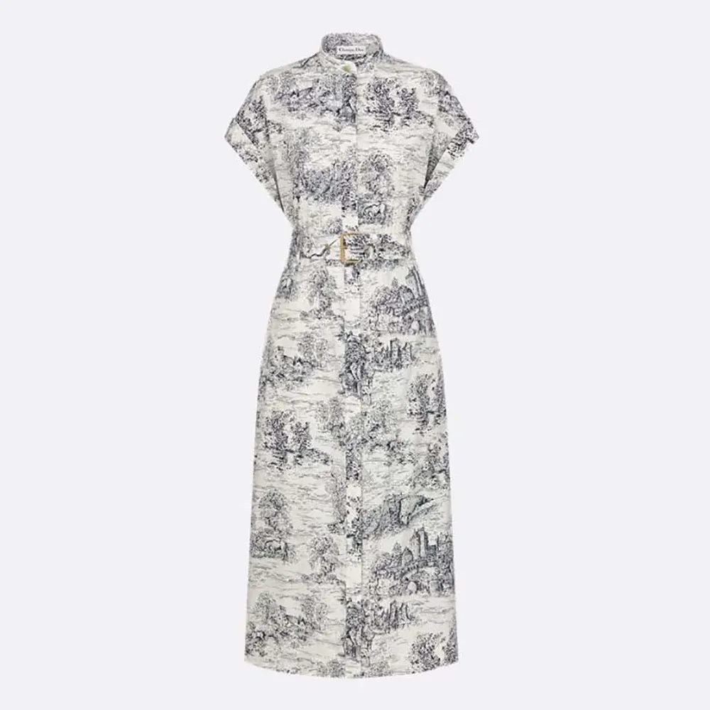 Front view of Dior Women Mid-Length Shirtdress with blue Toile de Jouy motif
