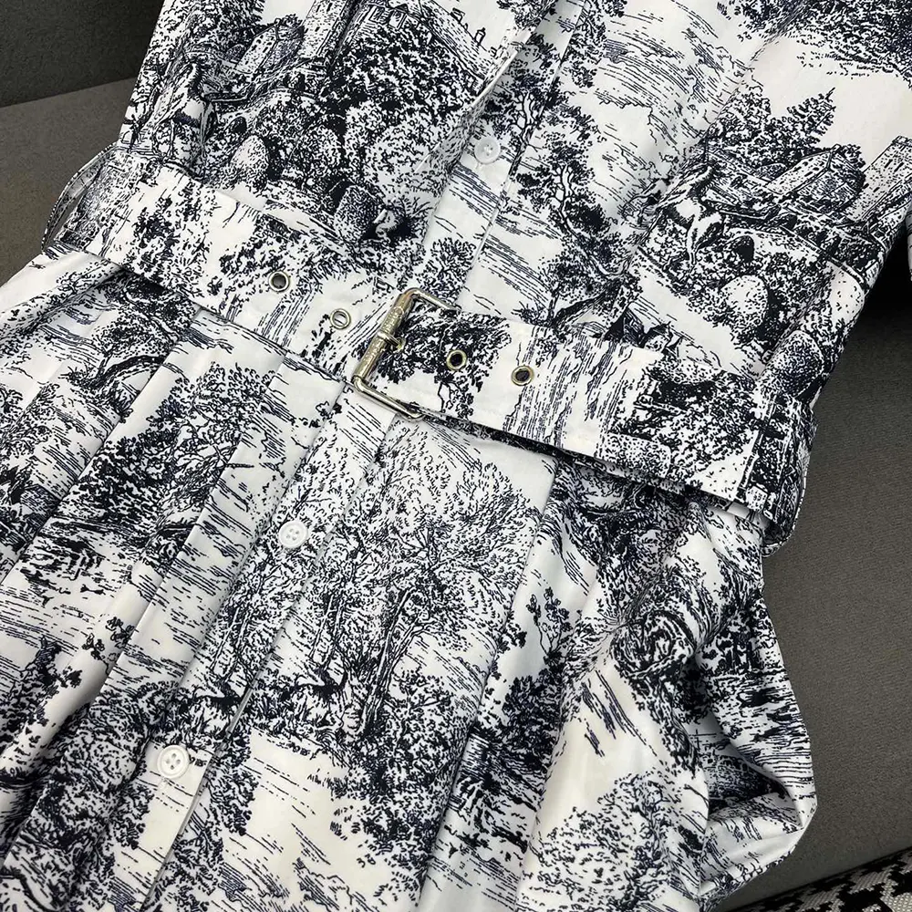 Dior Women Mid-Length Shirtdress White Cotton and Silk Poplin with Blue Toile de Jouy Scotland Motif - image 8