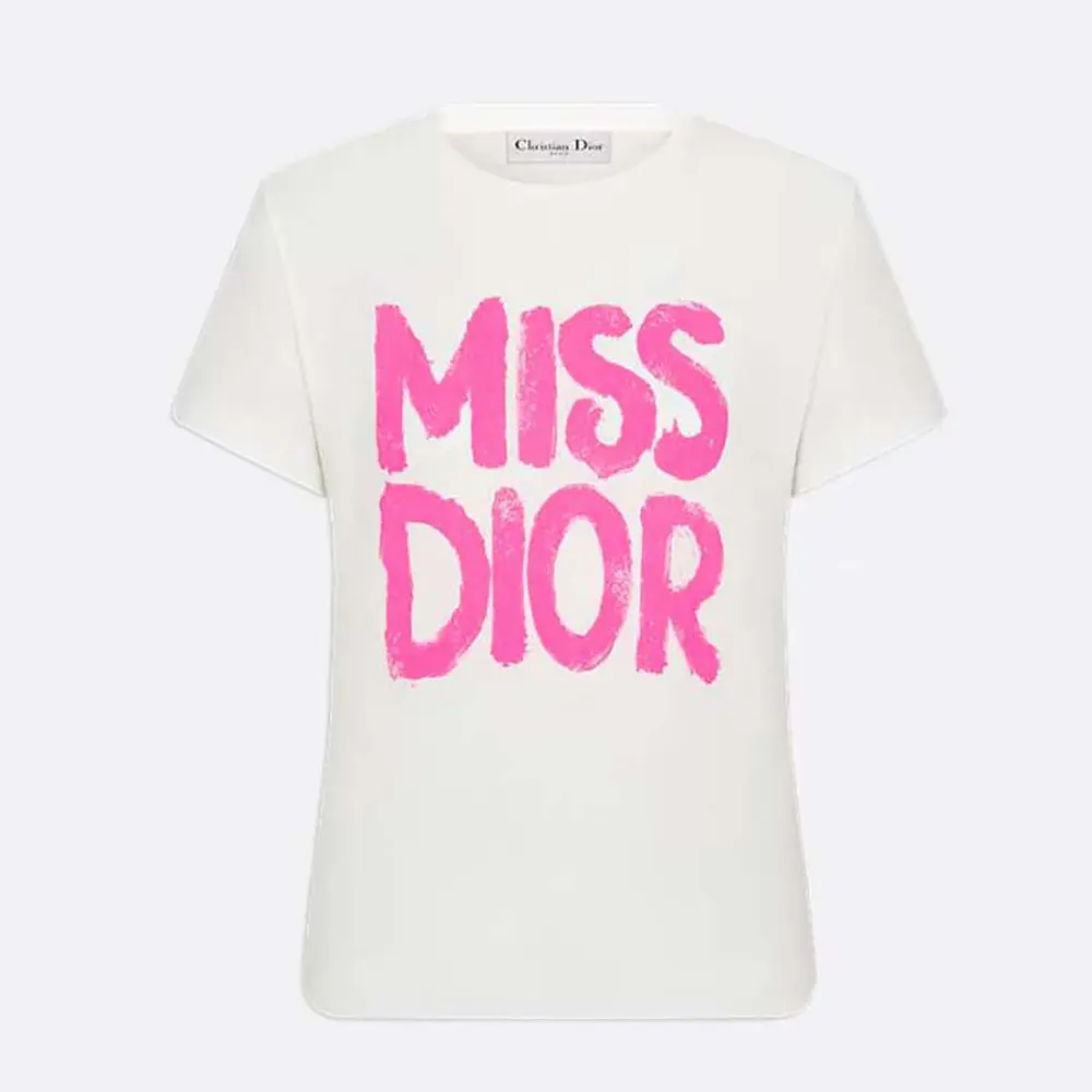 Front view of Dior Men Miss Dior T-Shirt White Cotton Jersey with Pink Motif