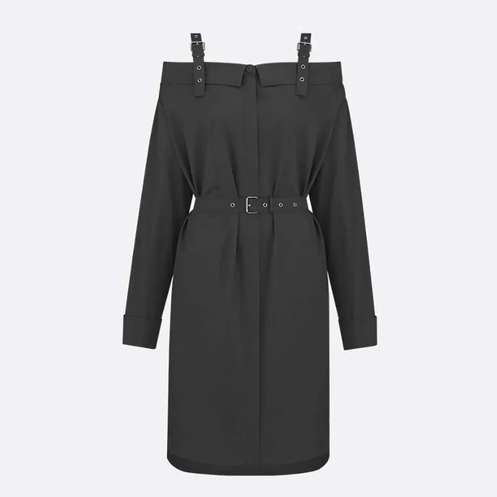 Front view of Dior Women Shirtdress Black Lightweight Cotton and Silk Poplin