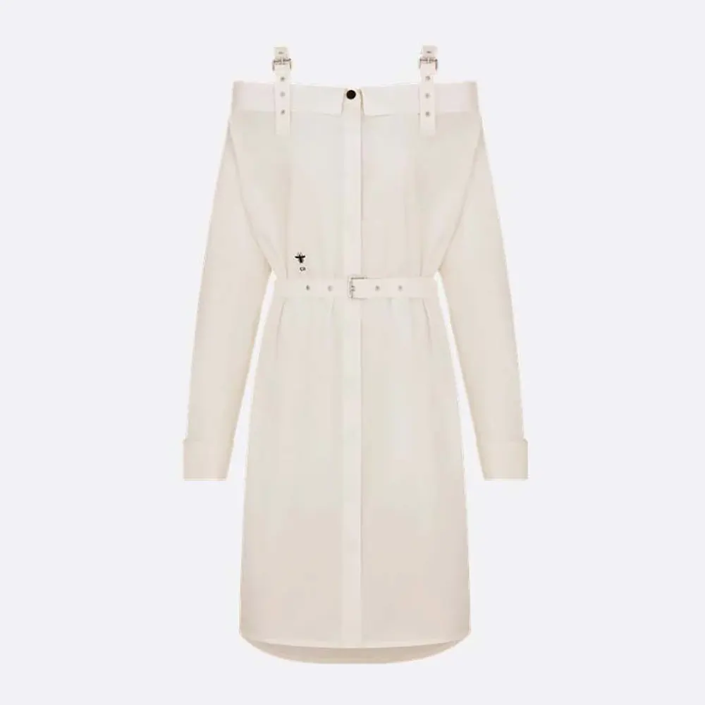 Front view of Dior Women Shirtdress White Lightweight Cotton and Silk Poplin