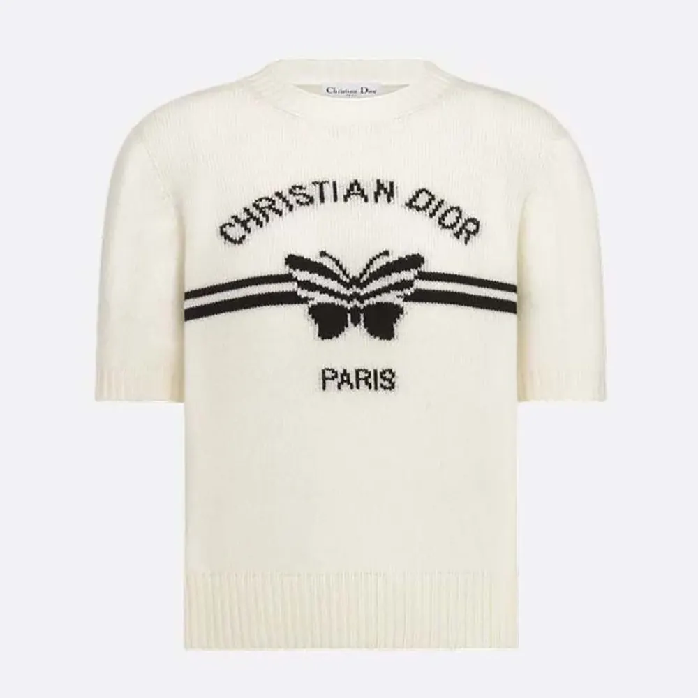 Front view of Dior Women Short-Sleeved Sweater White Cashmere Knit