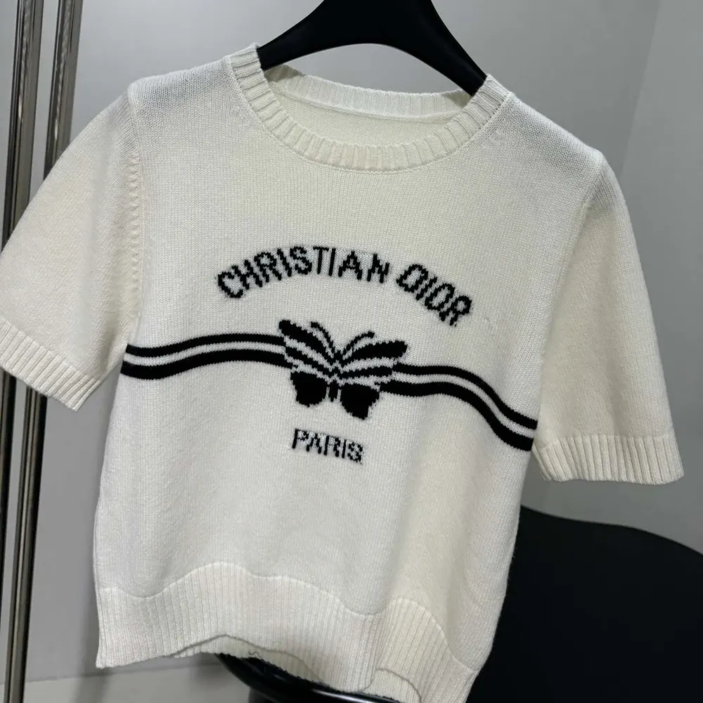 Dior Women Short-Sleeved Sweater White Cashmere Knit with Black Christian Dior Papillon Motif - image 4