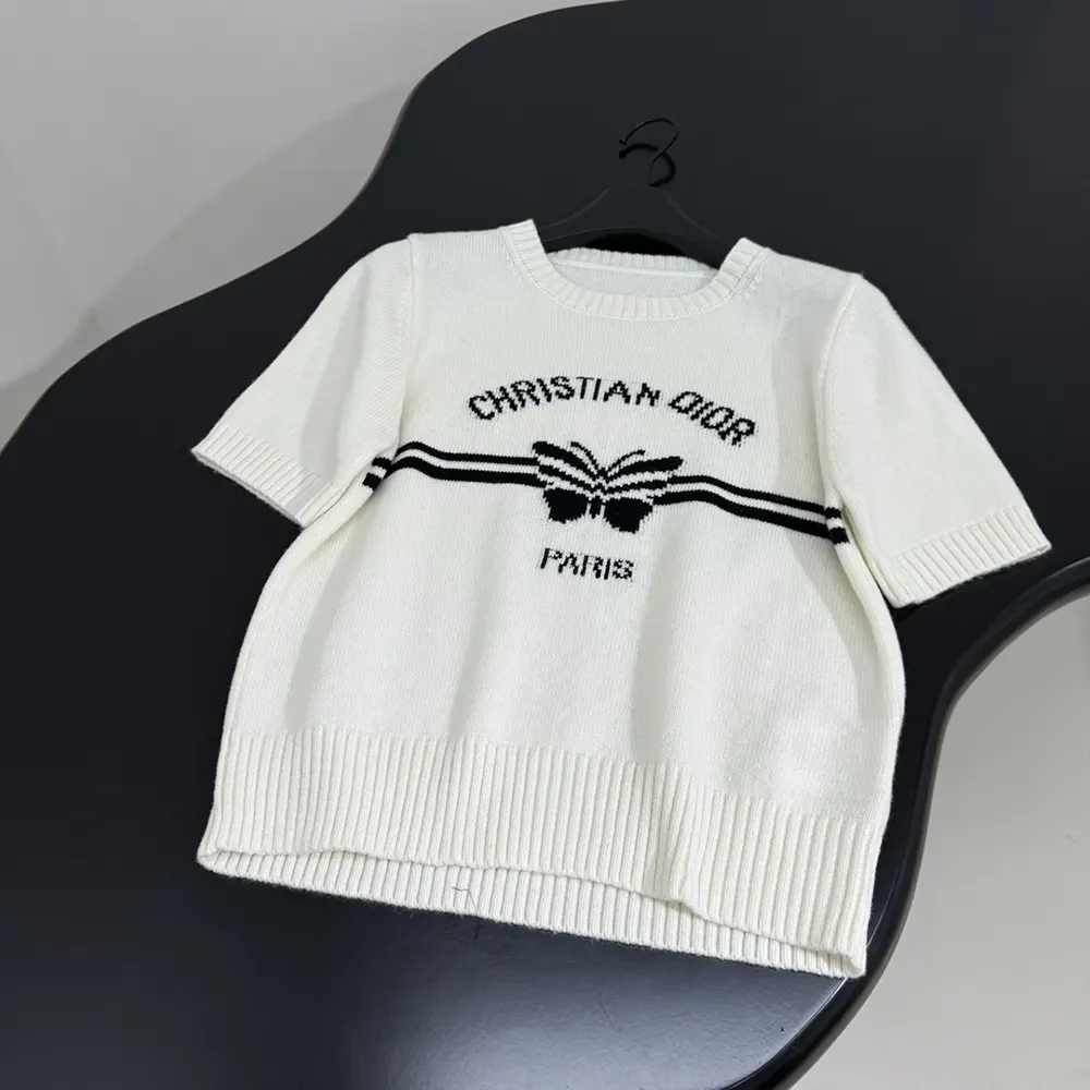Dior Women Short-Sleeved Sweater White Cashmere Knit with Black Christian Dior Papillon Motif - image 5