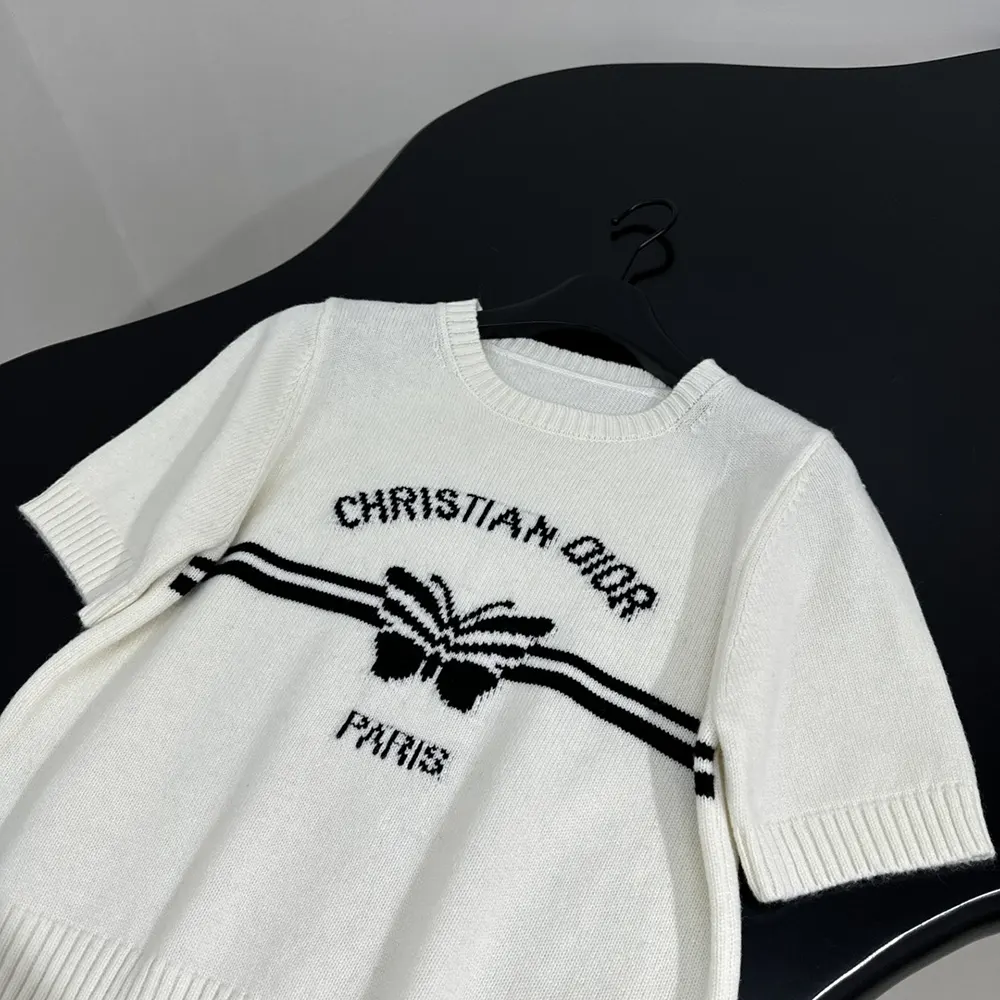 Dior Women Short-Sleeved Sweater White Cashmere Knit with Black Christian Dior Papillon Motif - image 9