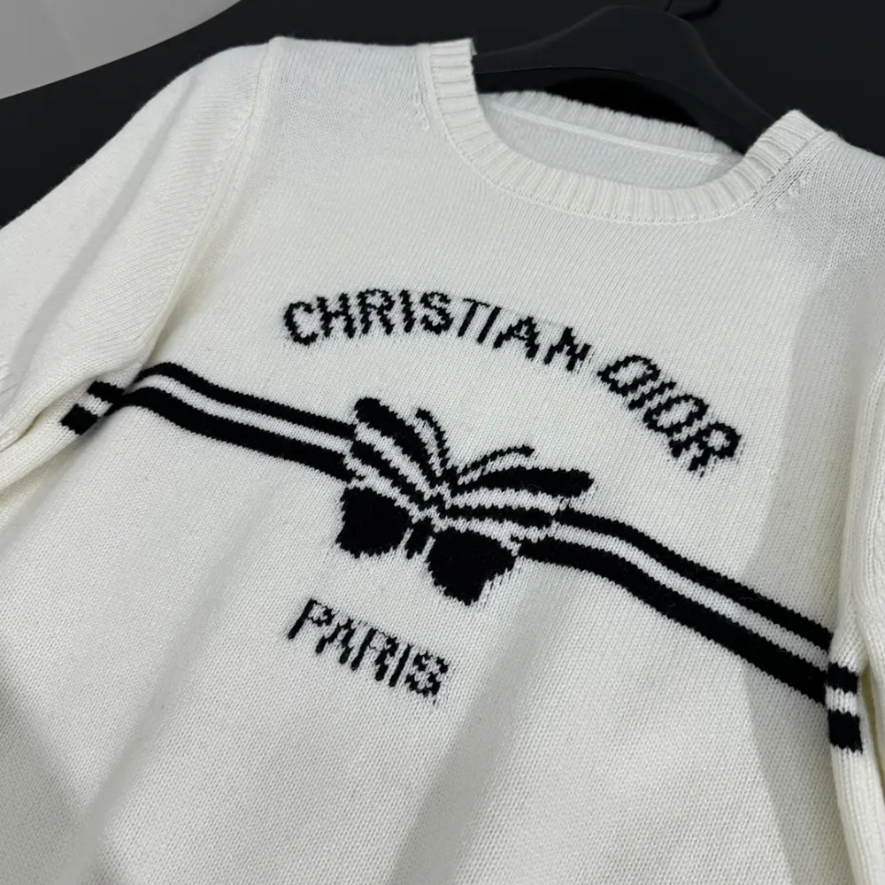 Dior Women Short-Sleeved Sweater White Cashmere Knit with Black Christian Dior Papillon Motif - image 8