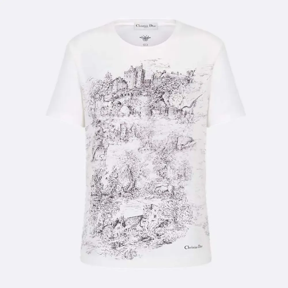 Front view of Dior Women T-Shirt White Cotton and Linen Jersey with black Toile de Jouy Scotland motif