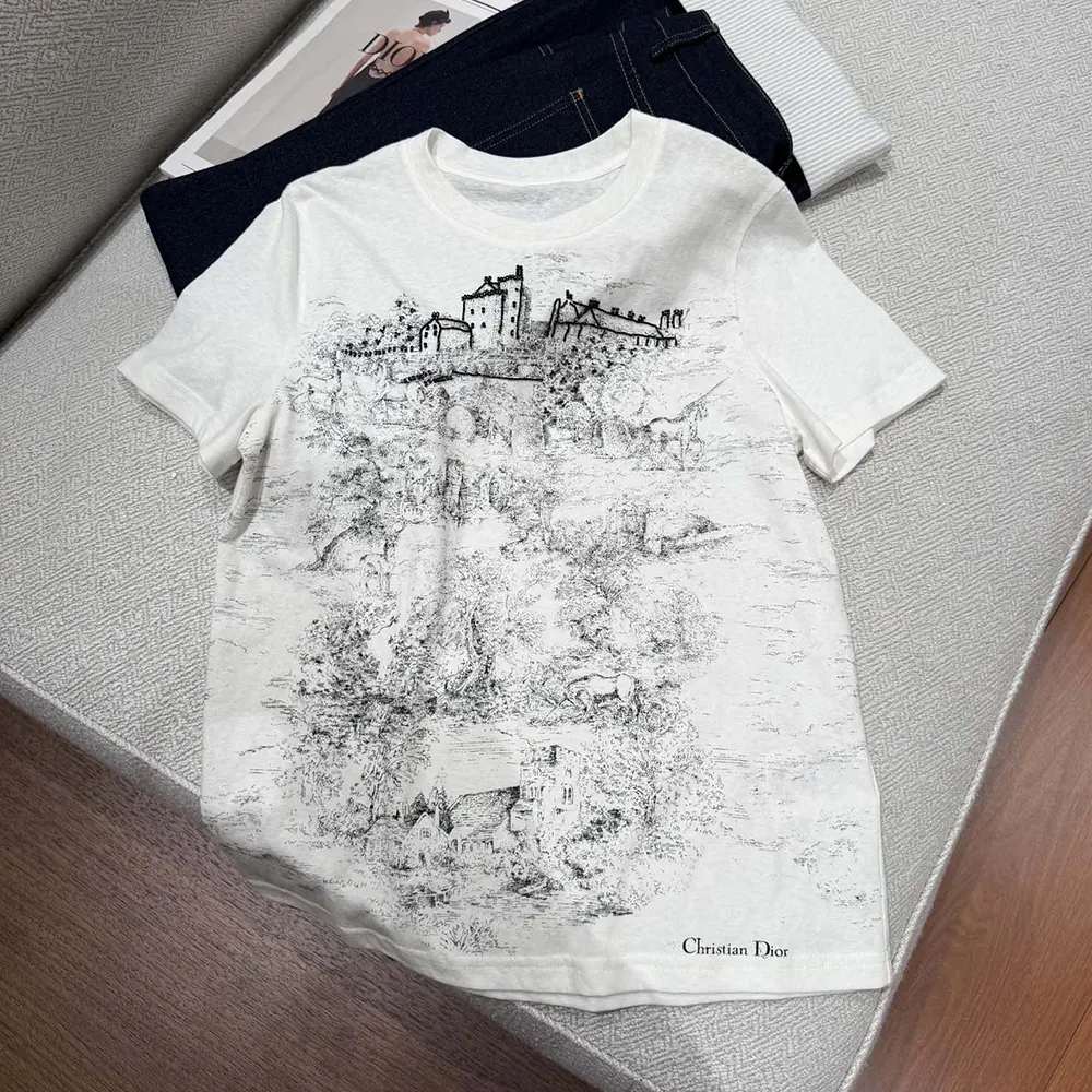 Side angle of Dior Women T-Shirt White Cotton and Linen Jersey highlighting relaxed fit