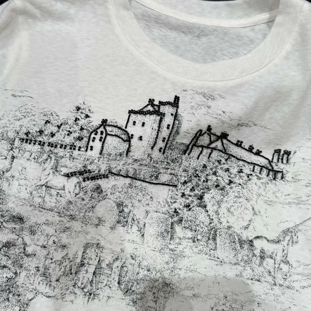 Dior Women T-Shirt White Cotton and Linen Jersey with Black Toile de Jouy Scotland Motif - image 5